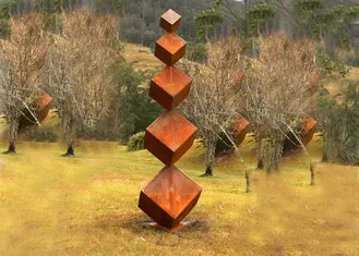 Large Decor Cube Shape Metal Garden Sculptures Corten Steel Rusty Finish